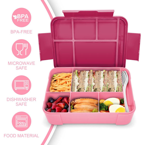 Bento Lunch Box til Børn, Bento Box Lunch Box til Voksne med 5 Rum og 1 Dressingbeholder Pink