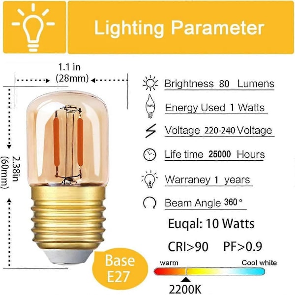 12 Pak Mini Rørformet LED Pære, 1W T28 Edison LED Glødetråd Pære E27 Skruefatning 2200k Super Varmt Hvidt Lys Pære (Ravglas) 220v [Energiklasse A++