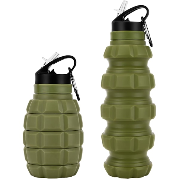 Sammenleggbar Reisesportsflaske 18oz, Gjenbrukbar BPA-Fri Silikon Foldbar Vannflaske for Trening Camping Vandring, Sportsflaske med Karabinkrok Army Green