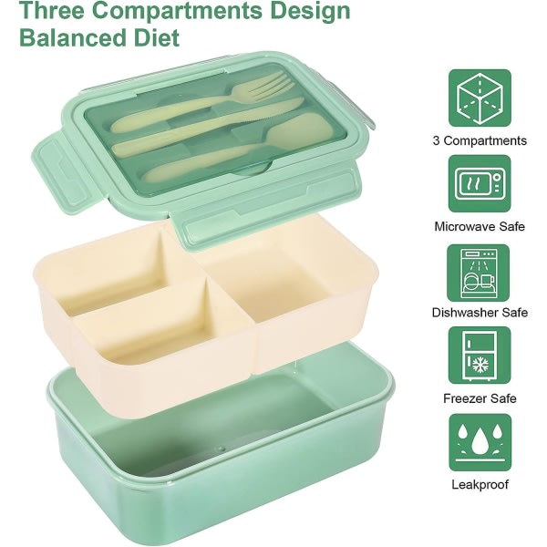 1400 ml Bento lunsjboks, 3-roms beholder, bestikk, oppvaskmaskinsikker, BPA-fri smørbrødboks for voksne og barn