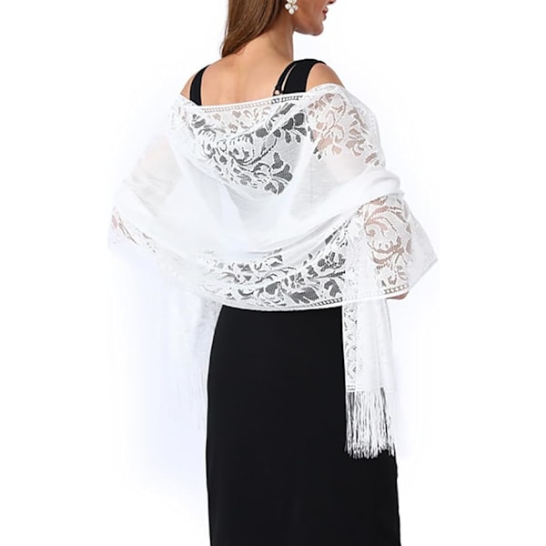 Sjal og Wraps i Blonder til Bryllup - Frynsete Pashmina-Sjal til Aftenkjoler - Lett Brude-Sjal - Skjerf for Kvinner og Bruden White