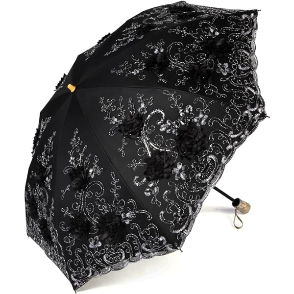 Dubbelt lager hopfällbart paraply för damer med broderad spets, anti-UV, sol-, regn- och snötåligt.