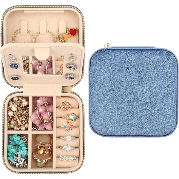 Mini Velvet Reise Smykkeskrin med Speil, Reise Smykkeskrin Organizer, Liten Smykke Organizer Oppbevaring for Ringer Øredobber Halskjede Armbånd Blue