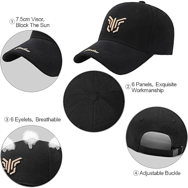 Baseballcaps for menn med justerbar spenne, Unisex Peaket Broderi Pustende Sommer Solhatt Sportscaps for Utendørs Casual Coton Trucker Hip Hop Black