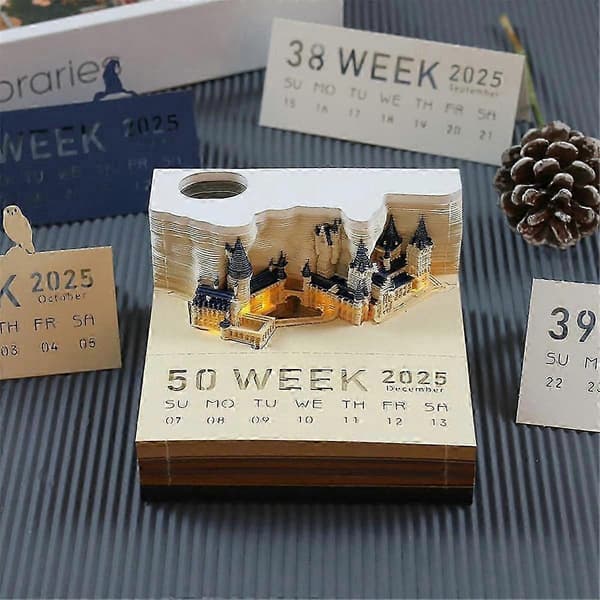 Time Piece Kalender, 2025 Bordkalender Memoblok, 3D Magic Castle Time Piece Notesblok med Lys