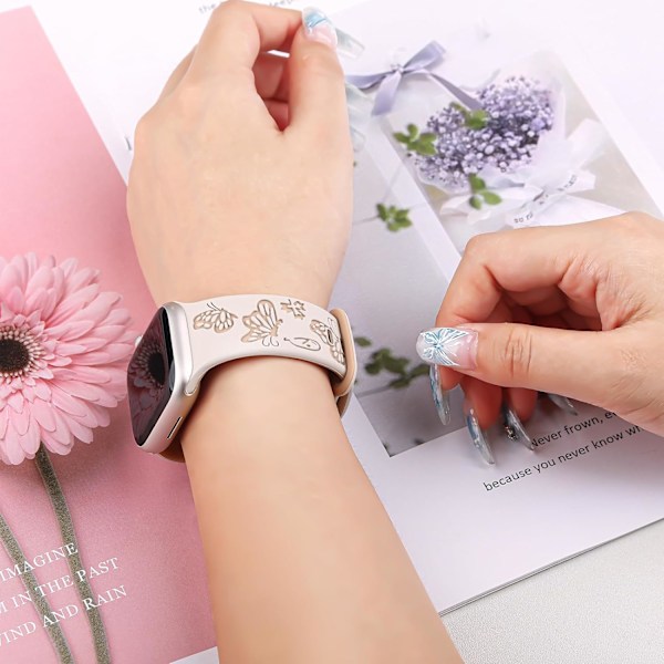 Floral graveret rem til Apple Watch-remme til kvinder, damer urrem, silikone sød blomst sommerfugl sport band til Apple Watch-serie White Black 42/44/45mm