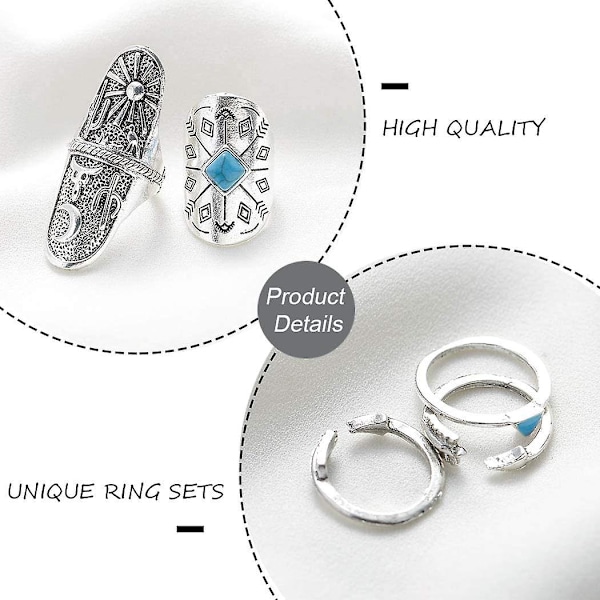 Boho Knuckle Rings Set Silver Turkos Stapelbara Fingerringar Justerbar Öppen Ring Midi Storlek Knog Ring Set för Kvinnor och Flickor 9PCS