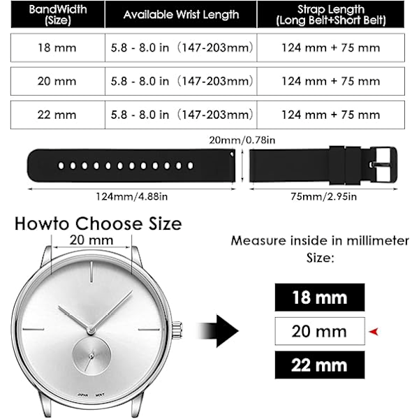 Silikonklokkebånd, hurtigslipp vanntett myk gummibånd med rustfritt stålspenne Smart Watch-stropper Sport Watch-bånd 20mm