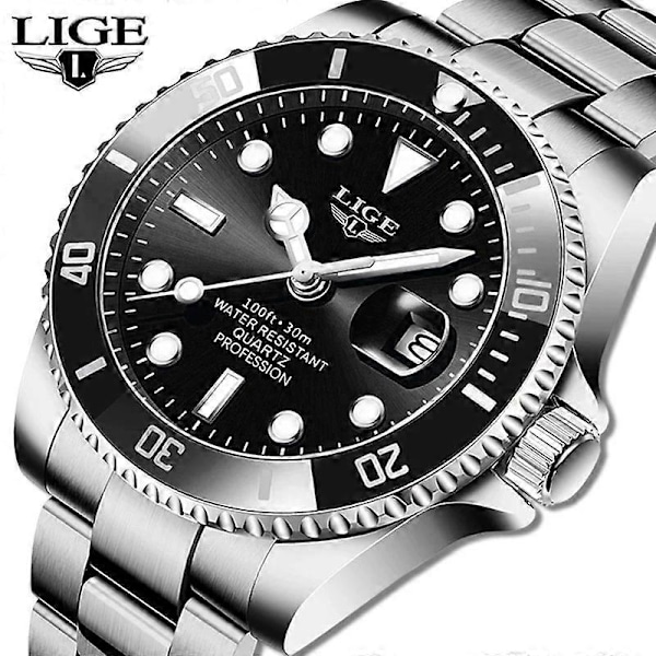 LIGE Top Brand Luksus Mode Dykkerur Mænd 3ATM Vandtæt Dato Ur Sportsure Herre Quartz Armbåndsur Relogio Masculino Silver black