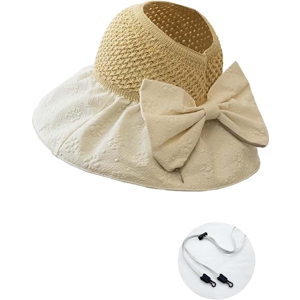 Sommarhatt i strå för damer, hopfällbar strandhatt med skärm och snöre, bekväm och ventilerande stråhatt för strandresor och semester Beige