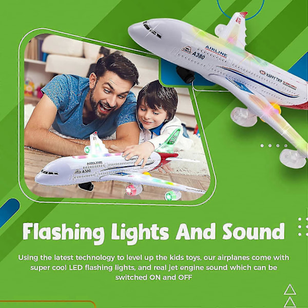 Flyvemaskine Legetøj til Børn, Bump And Go Funktion, Legetøjsfly til Småbørn med LED Blinkende Lys og Lyde til Drenge & Piger 3-12 År (airbus A380)