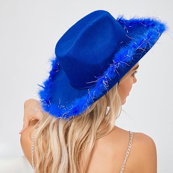 Cowboyhattar för kvinnor med fluffig fjäderkant Cowgirlhatt för möhippa, kostymfest, klä upp sig Royalblue