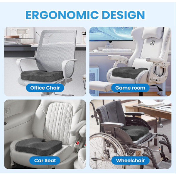 Kontorsstolskudde Extra Stor Memory Foam Sittdyna, Ergonomisk Sittdyna för att Lindra Ischias och Smärta Orsakad av Långvarigt Sittande grey