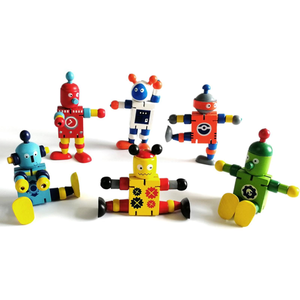 Trelekeroboter Fleksibel dukkeledd Justerbar bordlekefigur for barn, Robotleker i tre Blue