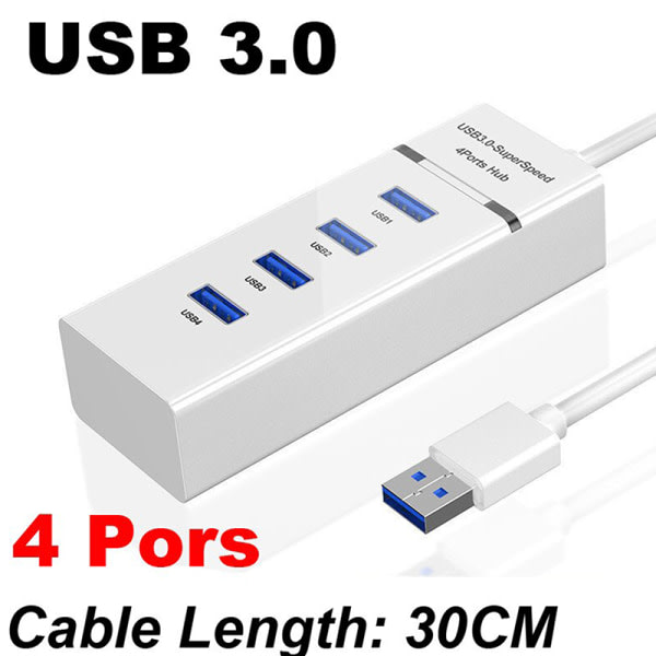 USB 3.0-porter Hub Splitter Adapter Kabel Datamaskin USB Splitter Hvit