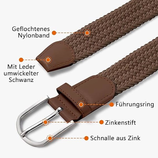 Herrarmband, Elastiskt Flätad Bälte Unisex Män Kvinnor Flätad Elastisk Stretch Vävt Bälte 33mm (1.25\") ，Längd 42\" (107cm) Passar Midja 33\"-36\"，Flera Färger Brown