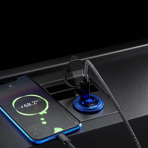 Metal 90W Dobbelt Type C USB C PD Hurtig Biloplader med Spænding/Effekt Display Blue Red light