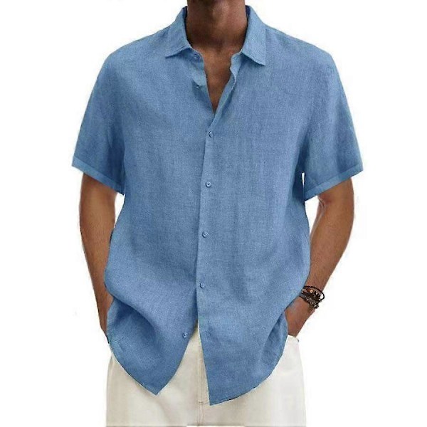 Sommar Revers Knapp Upp Bomull Linne Skjorta Enfärgad Herrtoppar light blue 5XL