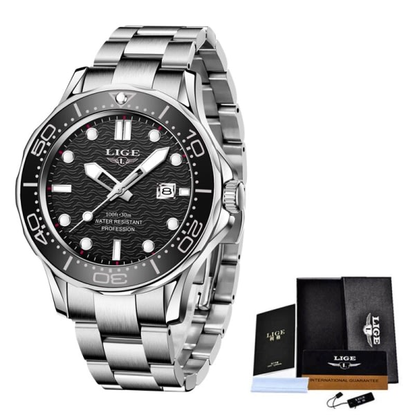 LIGE Watch Business Date Watch for Men Luxury Sports Quartz Watches Waterproof Luminous Silikon Armbandsur Relogio Masculino Steel Black