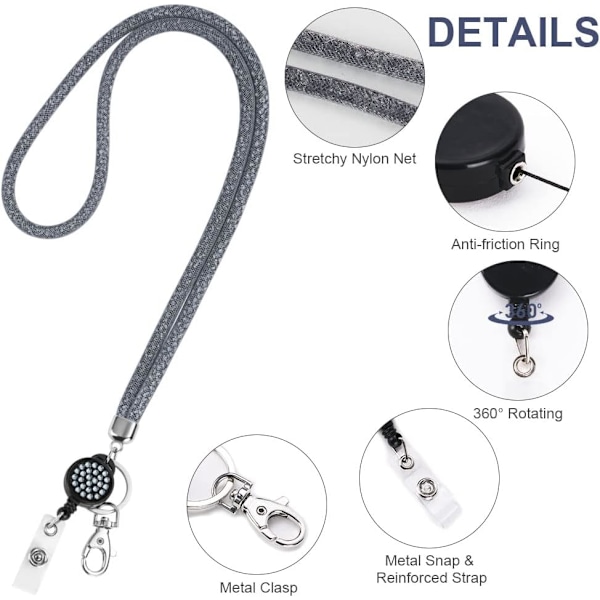 Kortholder med Lanyard, Krystall Lanyard med Transparent ID-kortholder, Lanyard og Badgeholdersett, Nøkkelring Badgeholdere og Halsbånd for Nøkler Gray