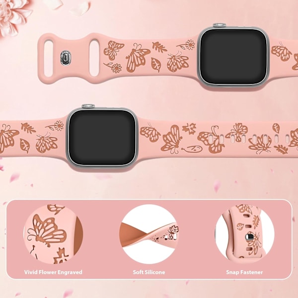 Blomstergraveret Rem til Apple Watch Remme Kvinder Dame Urrem, Silikon Sød Blomst Sommerfugl Sportbånd til Apple Watch Serie Pinksand Brown 38/40/41mm