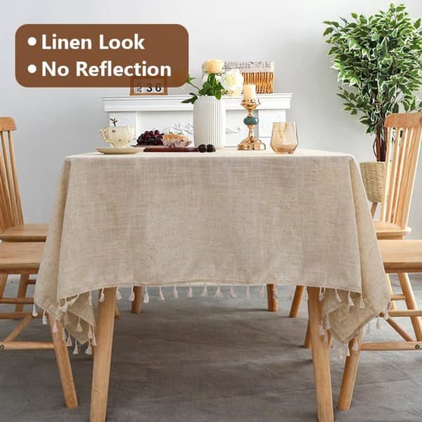Beige fläckresistent duk med tofsar, tvättbar, 140×100cm rektangulär bomullsduk för matsal, beige fläckresistent duk