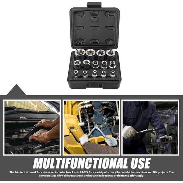 Sett med 14 E Torx-piper, utvendig 1/2\", 1/4\", 3/8\", Torx E-piper E4-E24 i CR-V, skrueuttrekker osv.