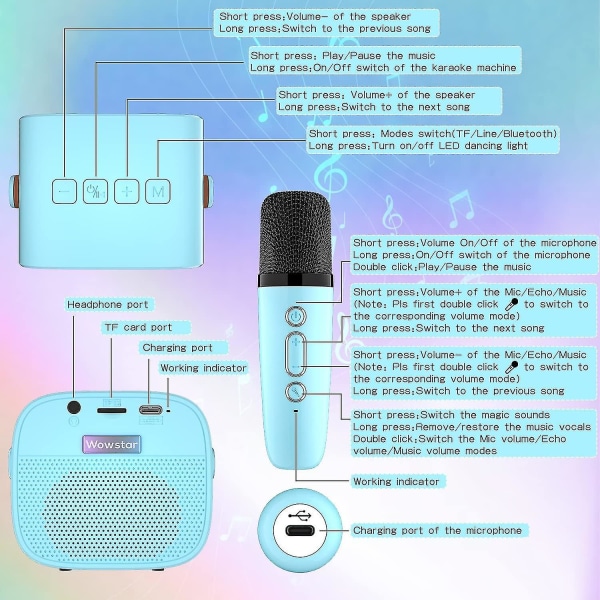 Karaoke-laite lapsille, 2 langattomalla mikrofonilla, kannettava karaoke-laite Bluetoothilla lapsille ja aikuisille, äänenmuutostehosteet ja LED-valot