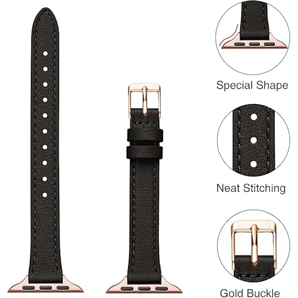 Läderarmband Kompatibelt med Apple Watch Armband Äkta Smalt & Tunnt Läder Ersättningsband, Armband för iwatch Serie Kvinnor Män Black&Rose Gold 42/44/45/49mm