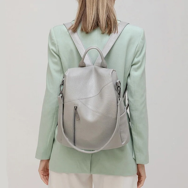 Ryggsäck i äkta läder för kvinnor, patchwork-design, axelväska i kohud, stöldskyddad reseryggsäck för högskolan Grey