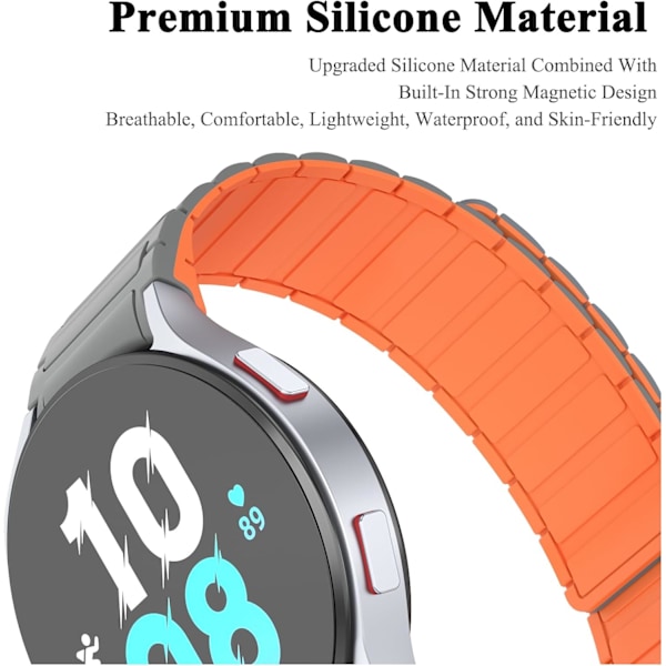 Myk rem for Samsung Galaxy Watch 4/5/6, myk rem for kvinner og menn, klassiske silikon sportsremmer med magnetisk lukking Grey/Orange