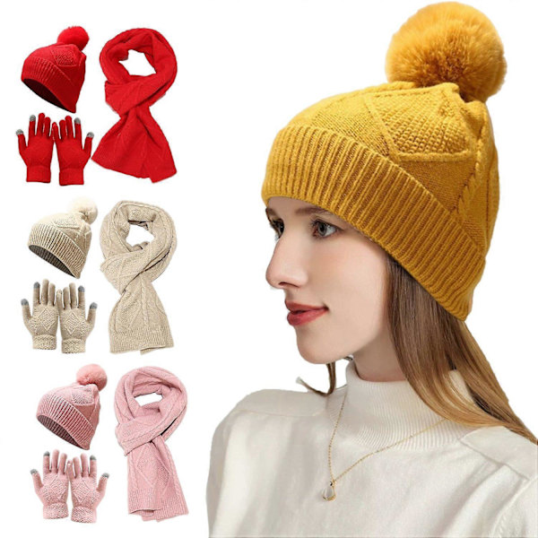 3 stk/sett Herre Vinterlue Skjerf Hansker Sett Tykk Strikket Varm Elastisk Ørebeskyttelse Fem Fingre Beige