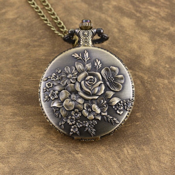 Blomsterpræget kvarts lommeur vintage analog halskæde ur Fob ur til kvinder Mænd Mors dag gave bronze