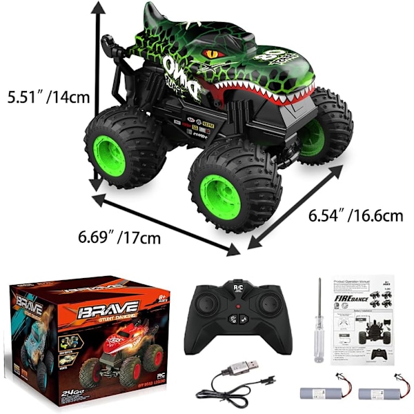 1:20 RC-bil for barn, 2.4GHz fjernkontrollbiler, grønn dinosaur monstertruck, terrengstunt RC-bil med musikk, lys, 2 oppladbare batterier Dinosaur Green