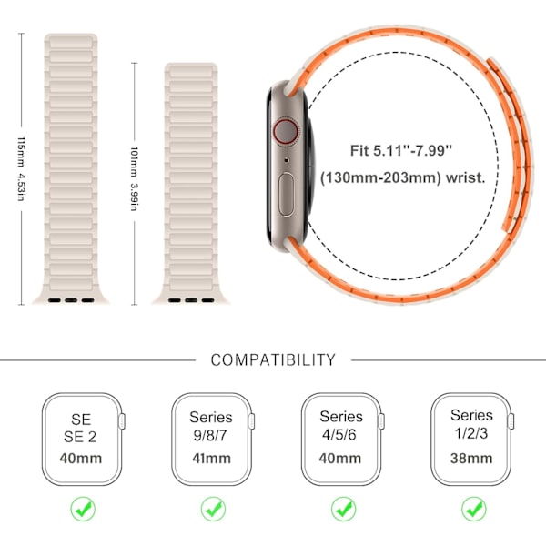 Magnetiske klokkereimer Kompatibel med Apple Watch Rem Myk Silikon Erstatningsreim Designet for iWatch Starlight Orange 38/40/41mm