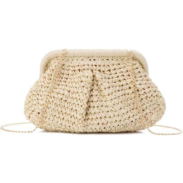 Kvinnors Halm Clutch Väska Bröllop Moln Väska Fest Halm med Kedja Vävd Halm Axelremsväskor för Semester Strand Beige