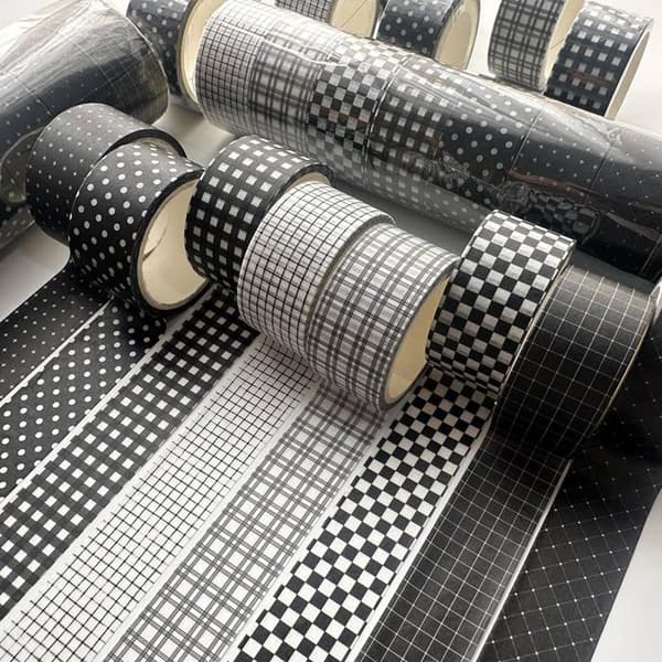 Sæt med sort gittermønstret masking tape (8 ruller) ideelt til scrapbooking og dekoration