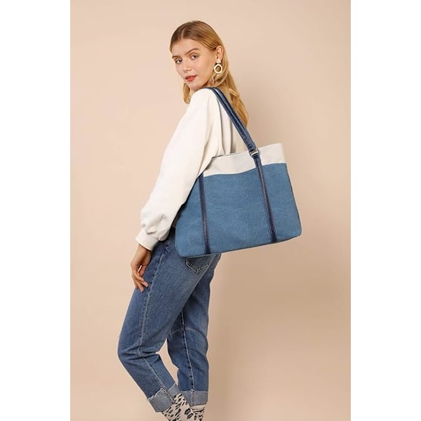 Stor Canvas Tote Bag för Kvinnor, Axelväska för Resor, Arbete, Flera Fickor Azul