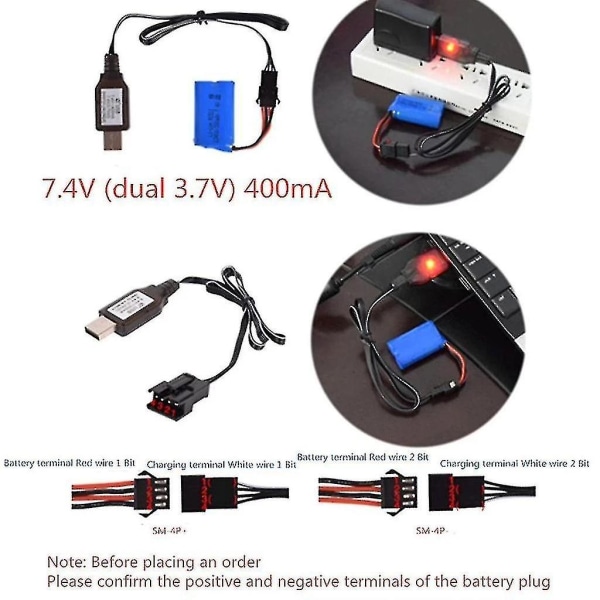 7,4v 3,7v X2-lader Sm-4p Li-ion batteri Elektrisk Rc-leker Bilbåt Usb-kabel H