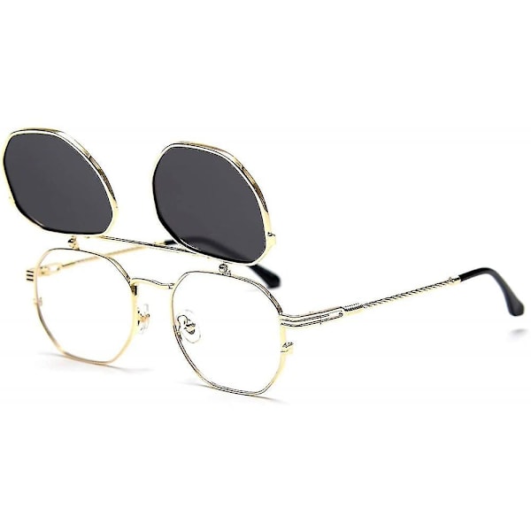 Flip Up Solbriller Mænd Kvinder Polariseret Steampunk Flip Solbriller Med Dobbelt Linser UBM Gold Frame-Gray Lens