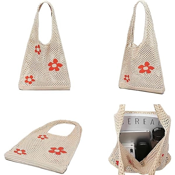 Kvinners Heklet Tote Bag Sommer Strand Vevd Bag Stor Boho Strikket Skulderbag Blomst Slouch Mesh Hul Tote Bag Shopping Reise Casual Veske Ferie Beige