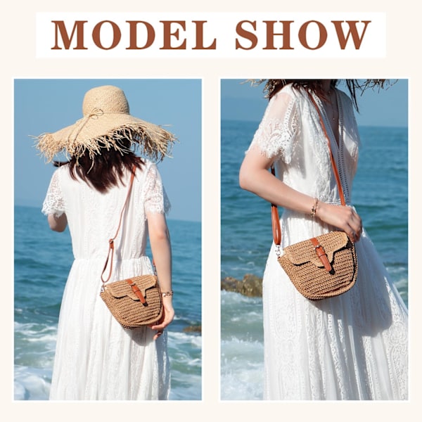 Strå Crossbody Veske for Kvinner Jenter Strå Skulderveske Sommer Strand Vevd Veske for Ferie Reise Marrón Claro 02