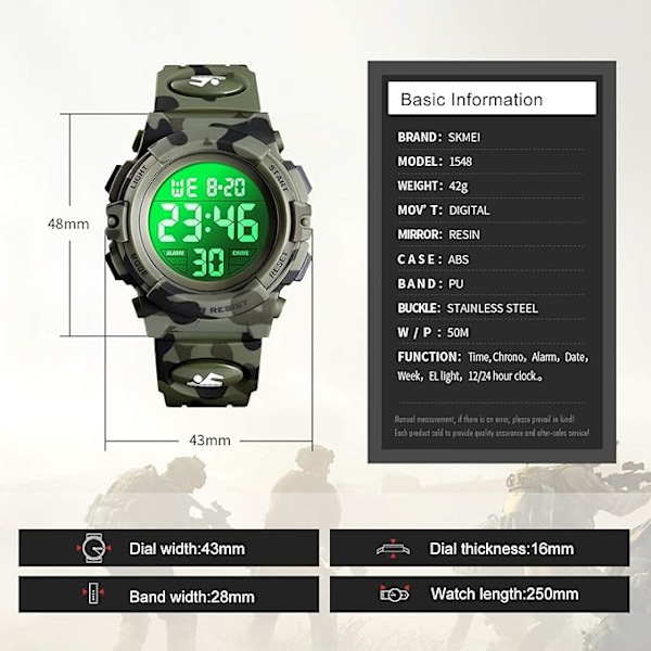 Digitaalinen kello pojille, lasten kellot hälytyskellolla, sekuntikellolla, 12-24H, elektroniset lasten kellot, LED-kello nuorille teineille Green