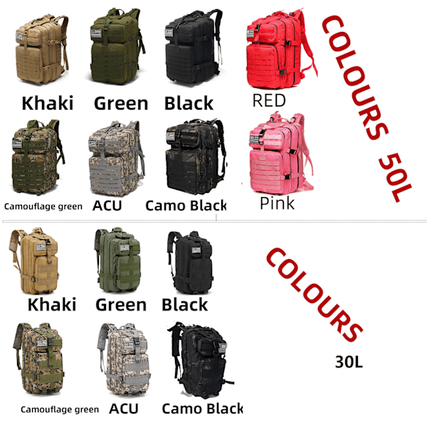Stor Taktisk Ryggsäck med Stor Kapacitet, 25L/50L, Vattentät, För 3-dagars Nödsituationer, Jakt, Vandring och Camping A
