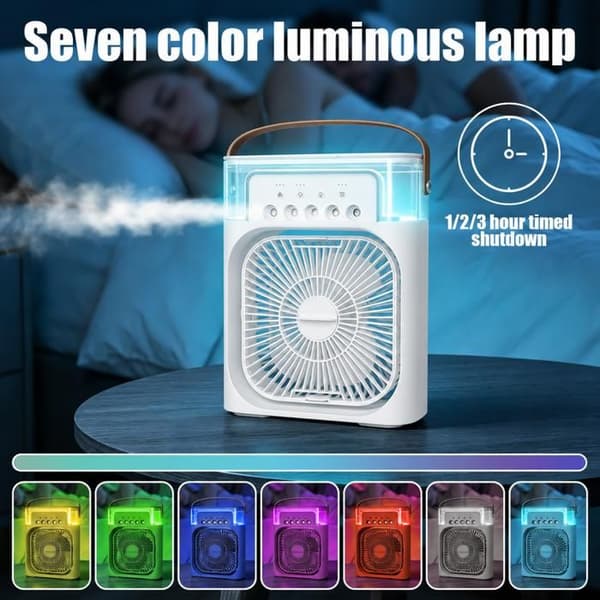 Bærbar Mini Fordampende Luftkjøler med Vanndiffusor, 3 Hastigheter, Timer, 7 LED-lys - Hvit