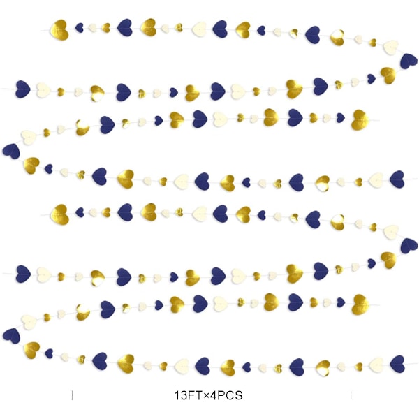 52Ft Marinblå och Guld Festdekorationer Hängande Pappershjärta Girlang för Alla Hjärtans Dag Bröllop Födelsedag Bröllop Jubileum Examen Dekoration