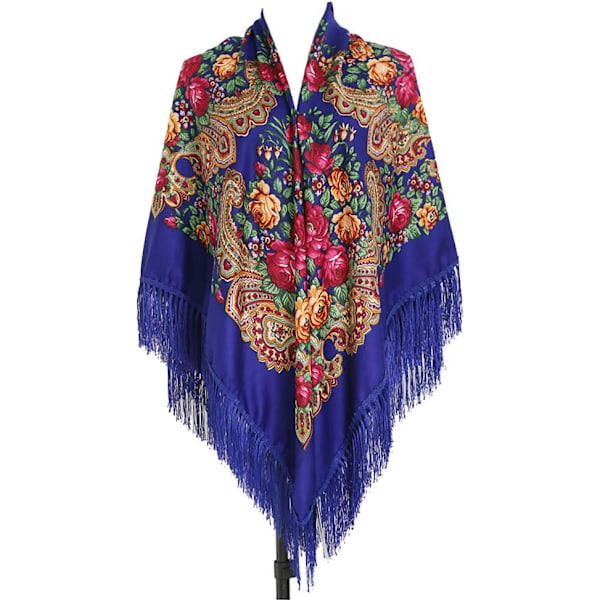 62\"*62\" Oversized Traditionelt Retro Sjal Wrap Tassel Frynser Blomster Poncho Shawl Tryk Sjal til Kvinder Royalblue