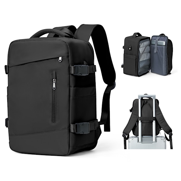 Reseryggsäck för kvinnor och män, 20-35 liters kapacitet, nylonmaterial, fashionabel stil, handbagage-ryggsäck för flygplan, kompatibel Black