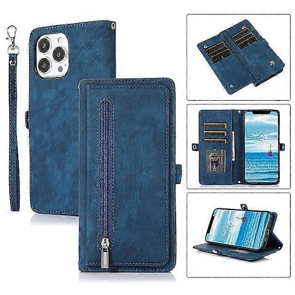 Telefondeksel for Apple Wallet Kort iPhone 14 Pro Max 14 Plus 13 12 11 Pro Max Mini X XR XS Glidelås med Håndleddsstropp Kortholderlommer Ensfarvet PU Le Purple iPhone 14 Pro