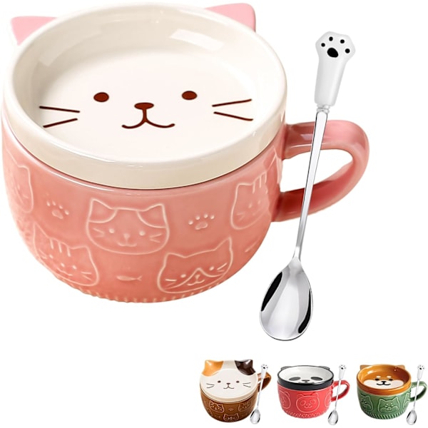 Cat Coffee Mugs with Lids Spoon,Novelty Animal Coffee Ceramic Cup Dessert Saucer Set,Christmas Birthday Gifts